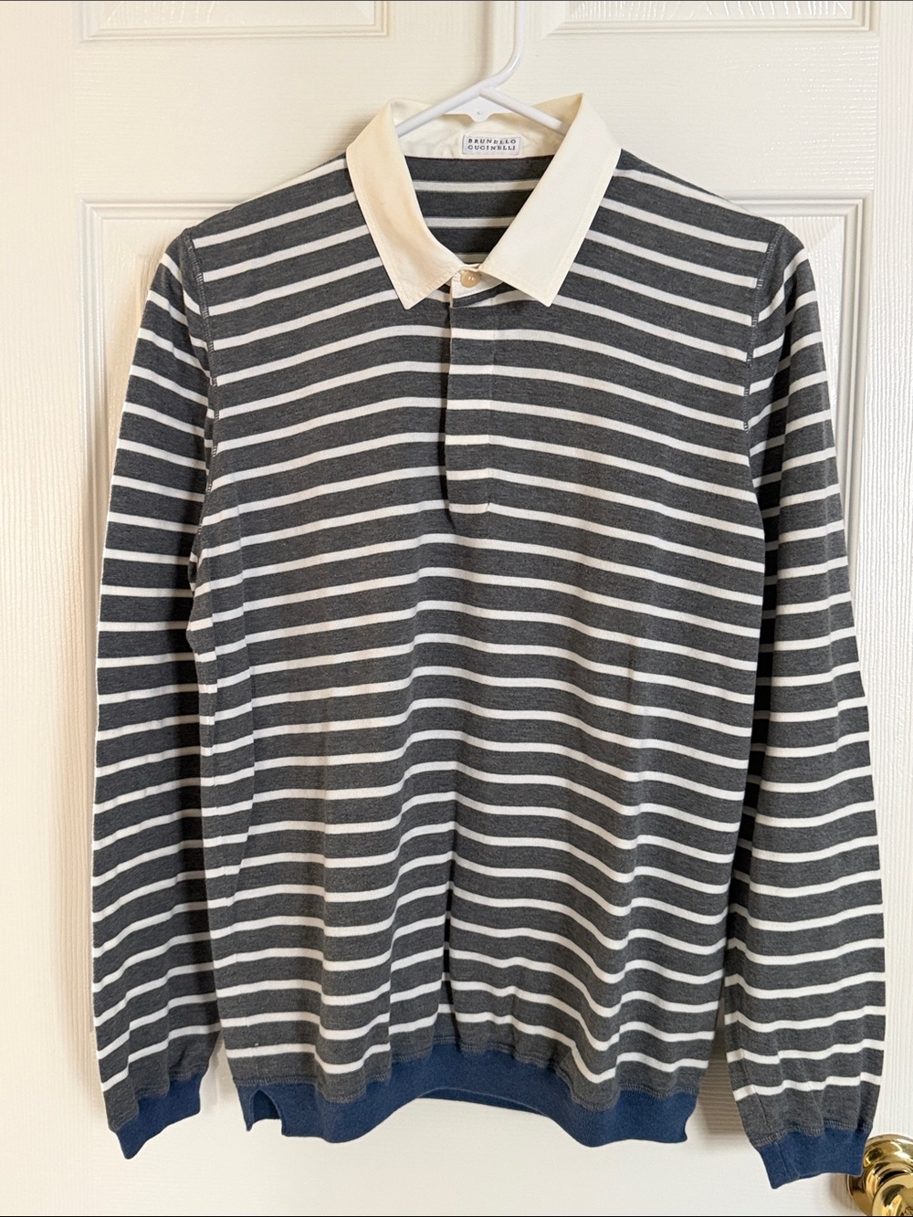 Brunello cucinnelli Gray Stripe Long-Sleeve Polo Shirt with White Collar